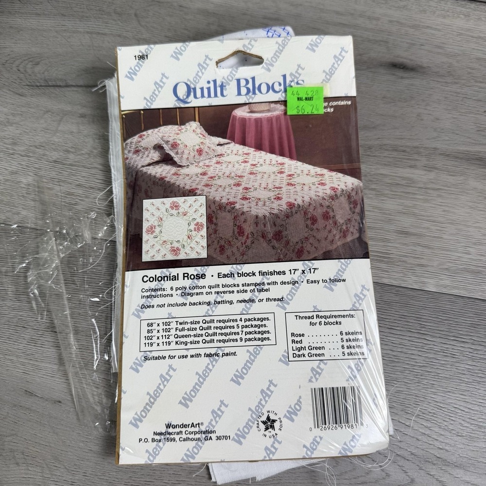 WonderArt Colonial Rose Quilt Block Kit 6 Stamped 17x17 Blocks USA Craft OPEN